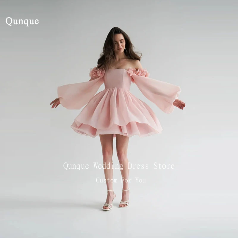 

Qunque Chic Organza Prom Dresses Pink 3D Handmade Flowers Short A Line Lace Up Back Lantern Sleeves Vestido De Gala Customized