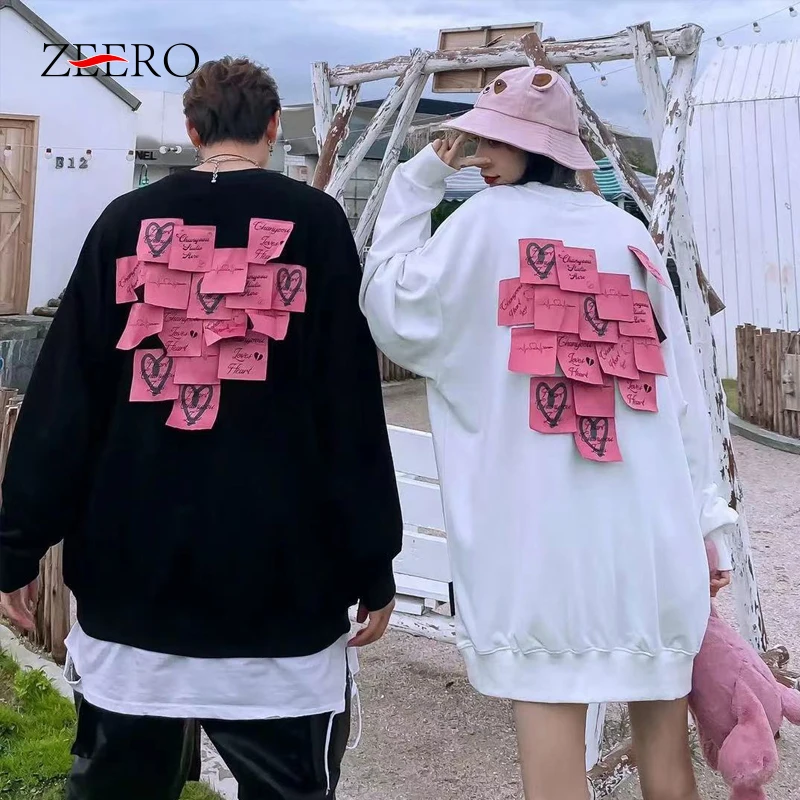 

Korean White Long Sleeve Heart-shaped Sticky Sweatshirt T-shirt Autumn Loose Boyfriend Pullovers Women White Tops Sweatshirts