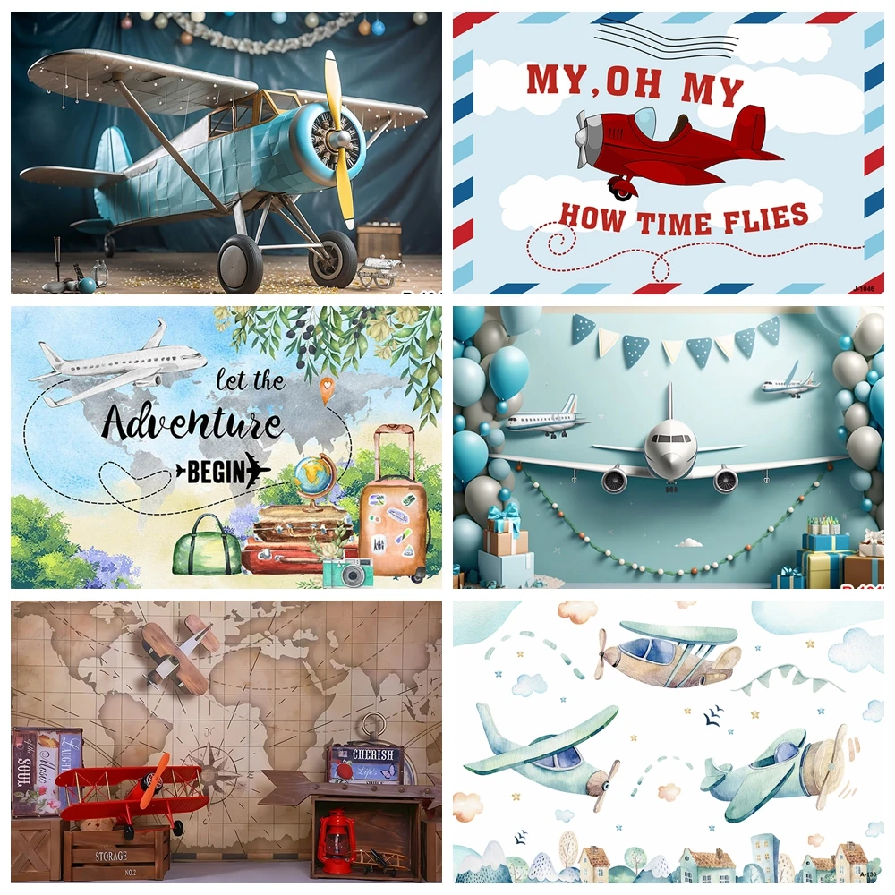 

Airplane Adventure Photography Backdrops Travel Retro World Hot Air Balloon Baby Shower Birthday Photo Studio Background DF-01