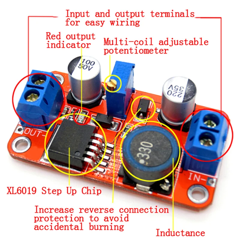 DC-DC 스텝 업 파워 모듈 부스트 볼트 컨버터, 5A, 3.3V-35V, 5V, 6V, 9V, 12V, 24V