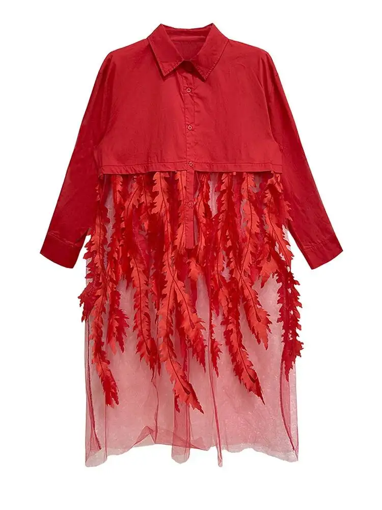 Women Red Mesh Lace Spliced Big Size Midi Shirt Dress New Lapel Long Sleeve Fashion Spring Autumn 2026 OC2X