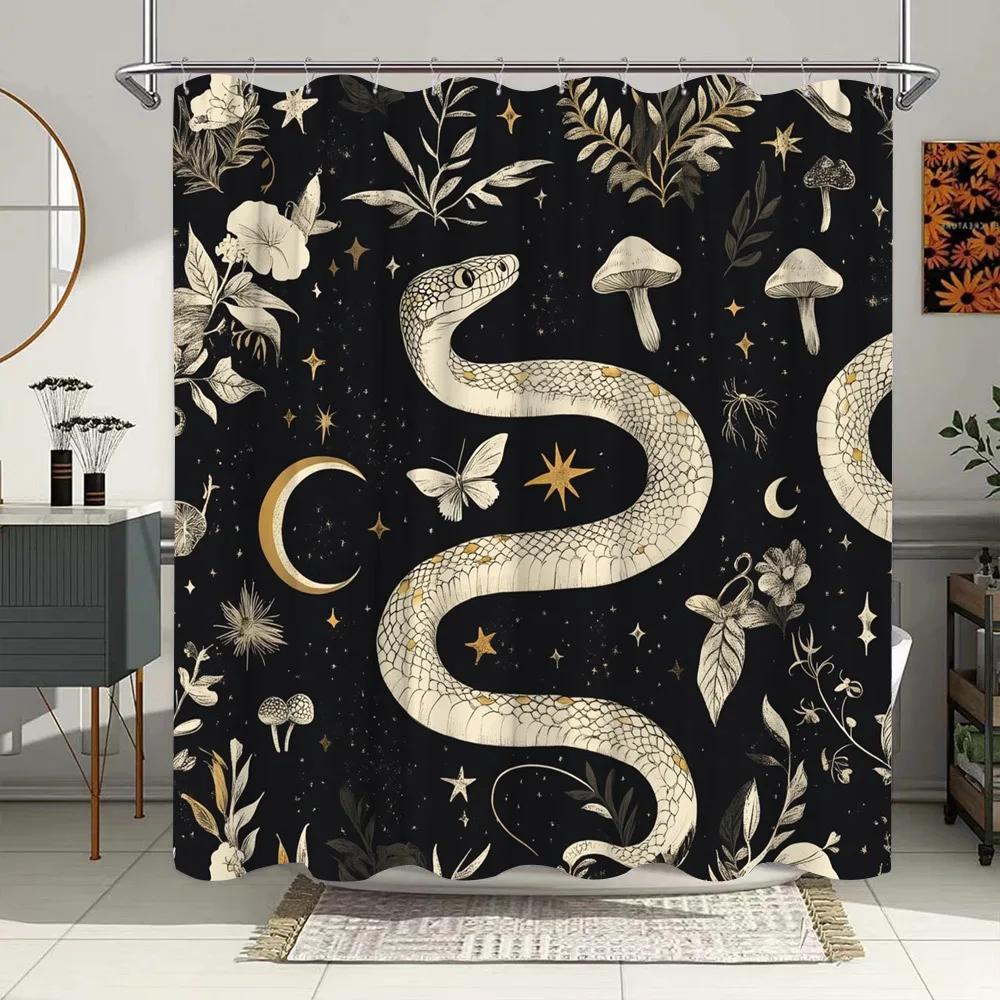 

1 шт., занавеска для душа со змеиной змеей и ботаником, фэнтезийный стиль с золотыми узорами, черный фон, полиэстер