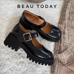 BEAUTODAY Mary Jane Shoes Women Lolita Cow Leather Round Toe Metal Buckle Strap Thick Sole Trendy Ladies Flats Handmade 28453