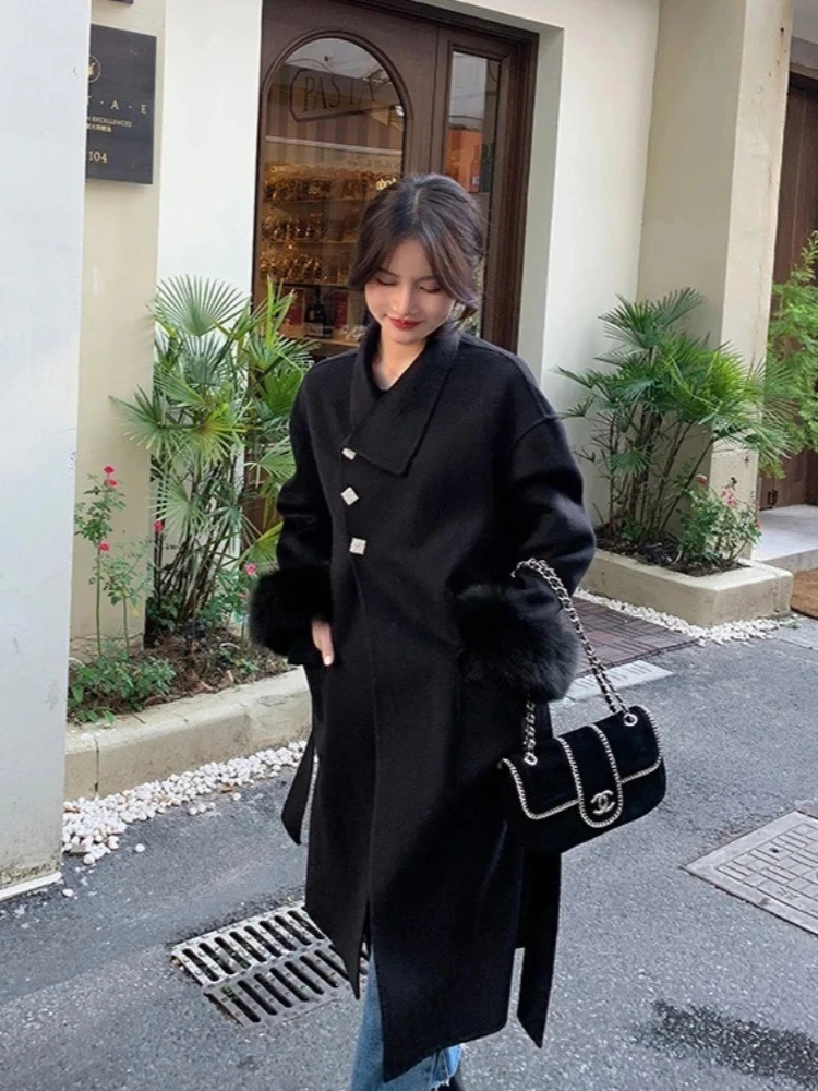 

Новая осенне-зимняя одежда со стразами, женская длинная куртка из натурального лисьего меха, шерстяная куртка, женское теплое кашемировое шерстяное пальто с меховыми манжетами