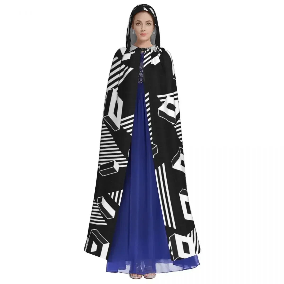 Black And White Retro Geometric Shapes Pattern Hooded Cloak Polyester Unisex Witch Cape Costume Accessory