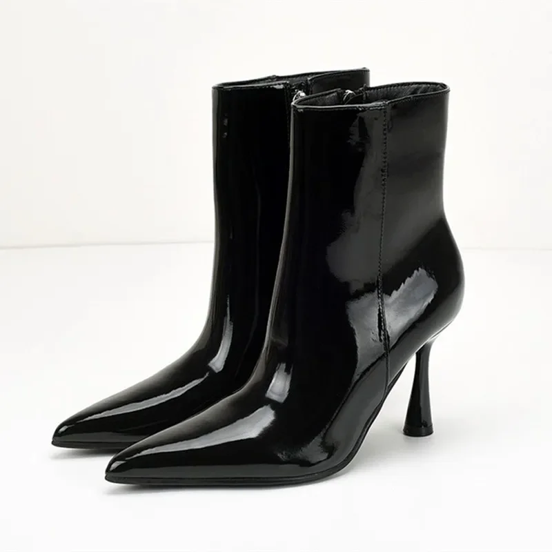 

Black Patent Leather Women's Ankle Boots Sexy Pointed Toe Side Zipper Designer Boots Autumn Winter Comfort Short Boot for Ladies
