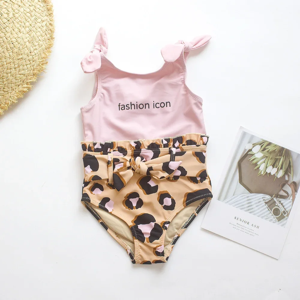 Leopard Print Girls Small One-piece Swimsuit Bow Decoration Cute Swimsuit Women Swimwear Women Bikini Set