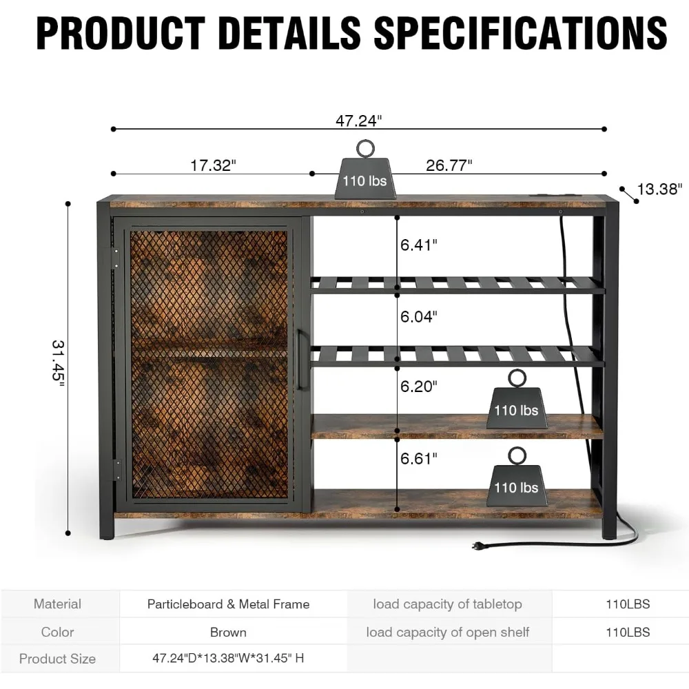 Bar Cabinets for Home,LED Coffee Bar with Power Outlets,47 Inch Sideboard,Industrial Liquor Cabinet with Wine Rack Glass Holder