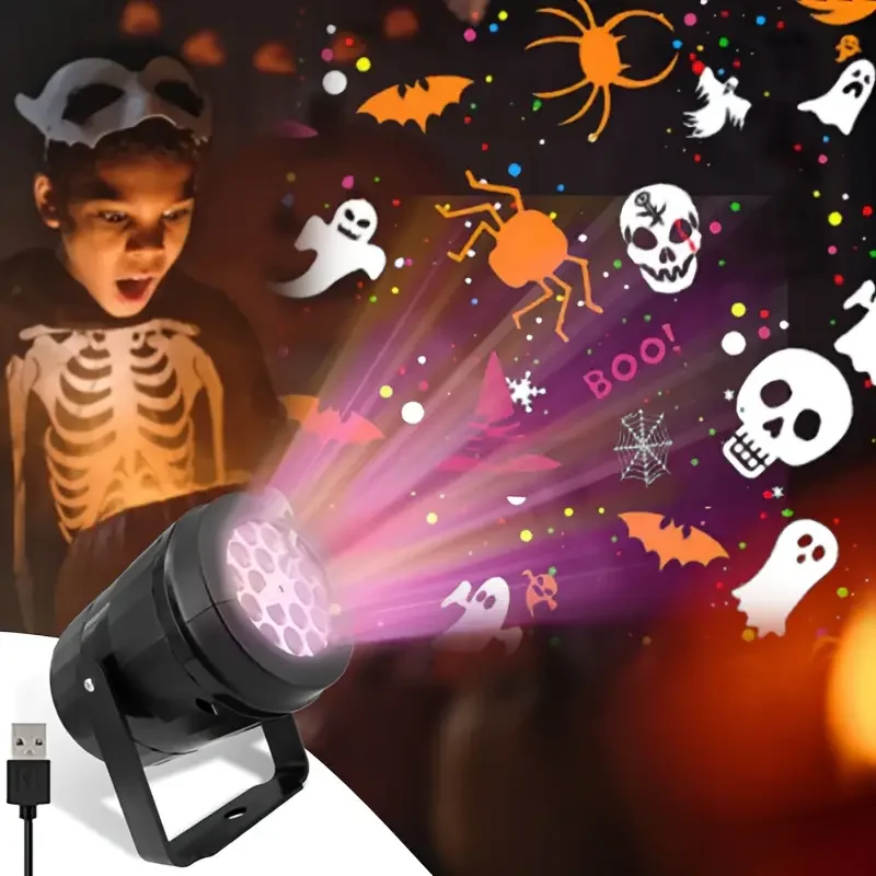 USB Powered LED Halloween Projection Spotlight 16 Vibrant Patterns RGB Decorative Projection Light Perfect for Halloween Decor