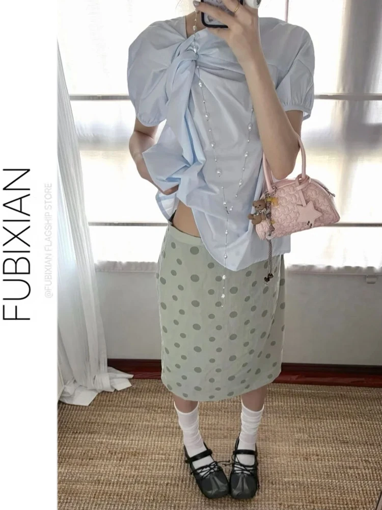 Summer New Polka Dot Print Midi Skirt Greenish Blue Double Layer Design Casual Straight Cut Half-length Skirts for Women