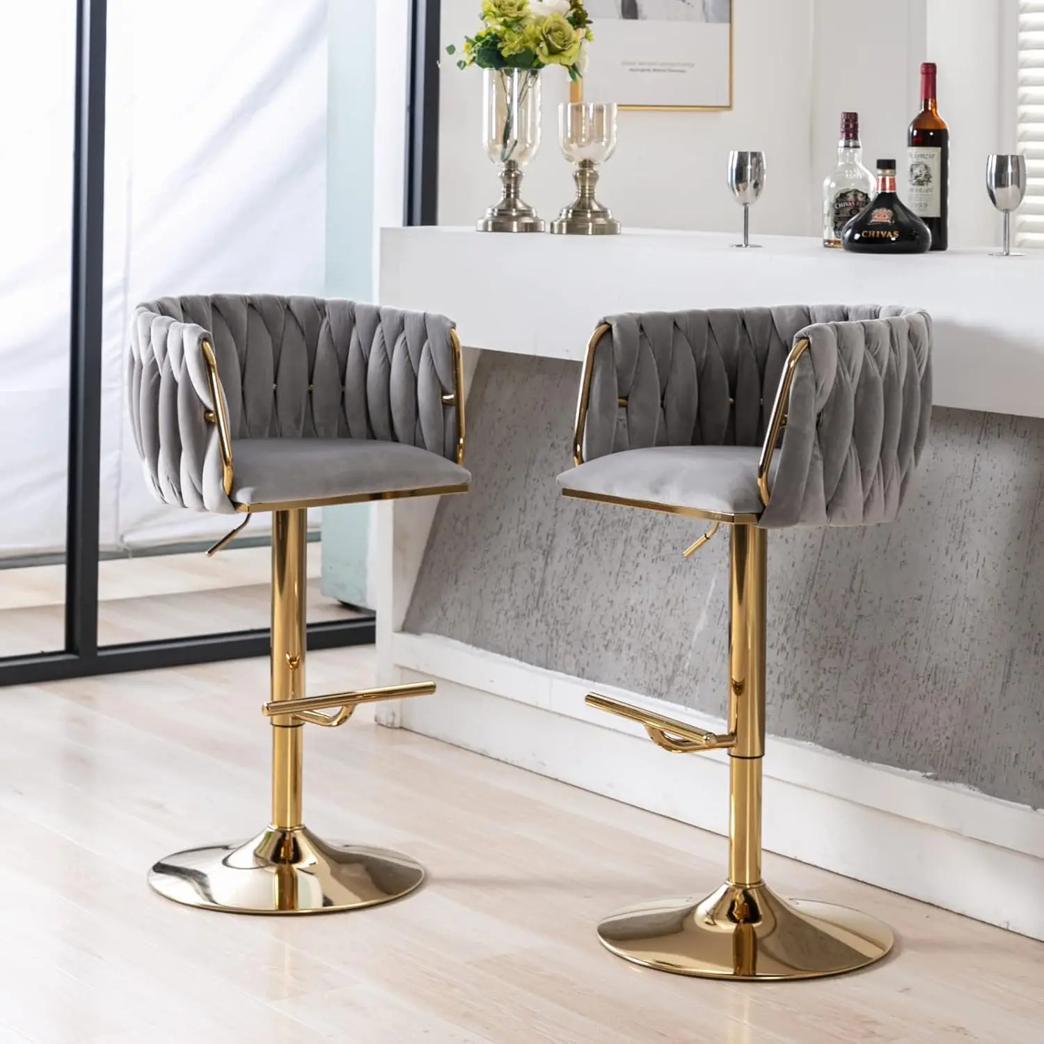 Adjustable Swivel Bar Stools Set of 2 Velvet Woven Back Gold Base Counter Height Kitchen Island Grey Customized