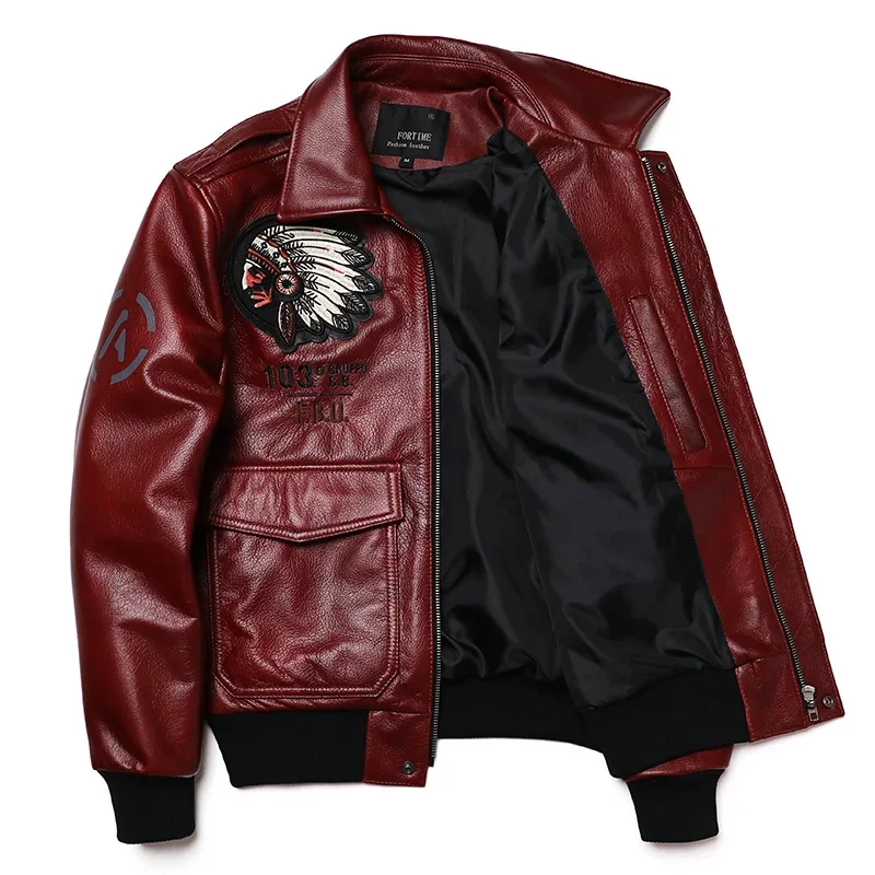 2024 New Indian Embroidery A2 Flying Pilot Suit Genuine Leather Jacket Men\'s Cowhide Aviator Jackets 100% Red Clothing