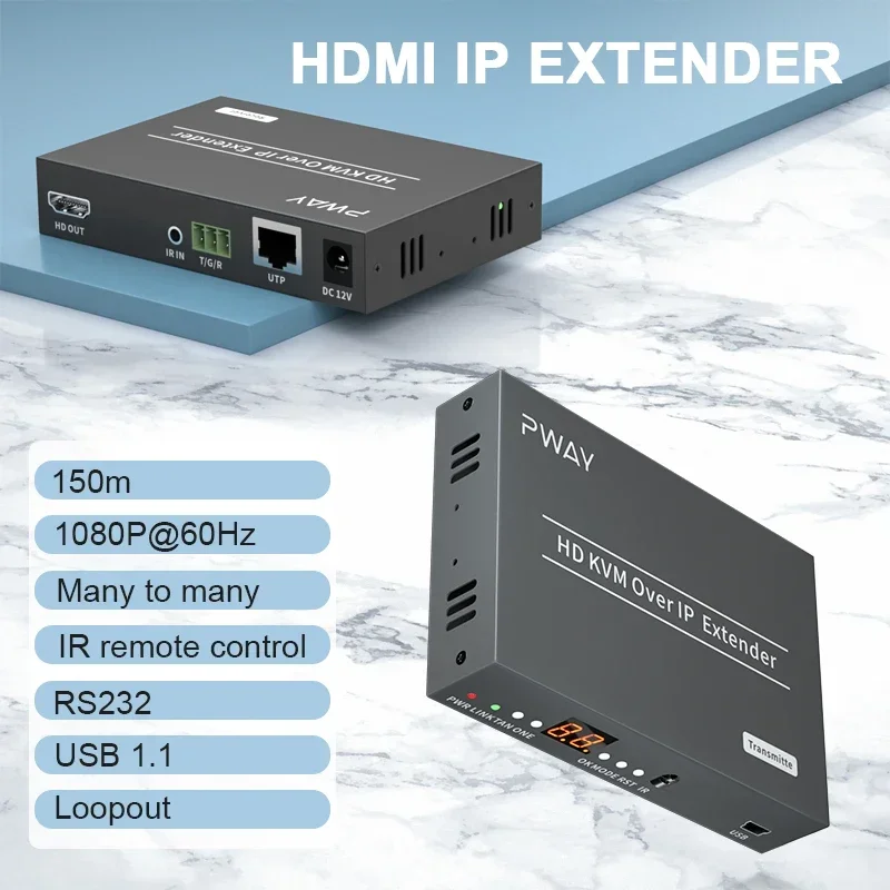 150M POE HDMI 1080P KVM Extender Over TCP/IP Cat5e/6 Support One To Many/Many To Many/Many To One /with Loopout KVM IR Control