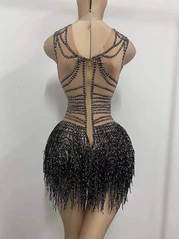 Body negro con borla de diamantes de imitación para mujer, traje de Festival Rave, leotardo ajustado sin mangas, traje de baile para actuación en