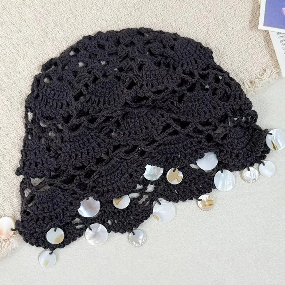 Elegant Hollowed Out Knitted Hat Thin Ethnic Style Shell Tassels Hat Korean Solid Color Crochet Weave Cap Apparel Accessories