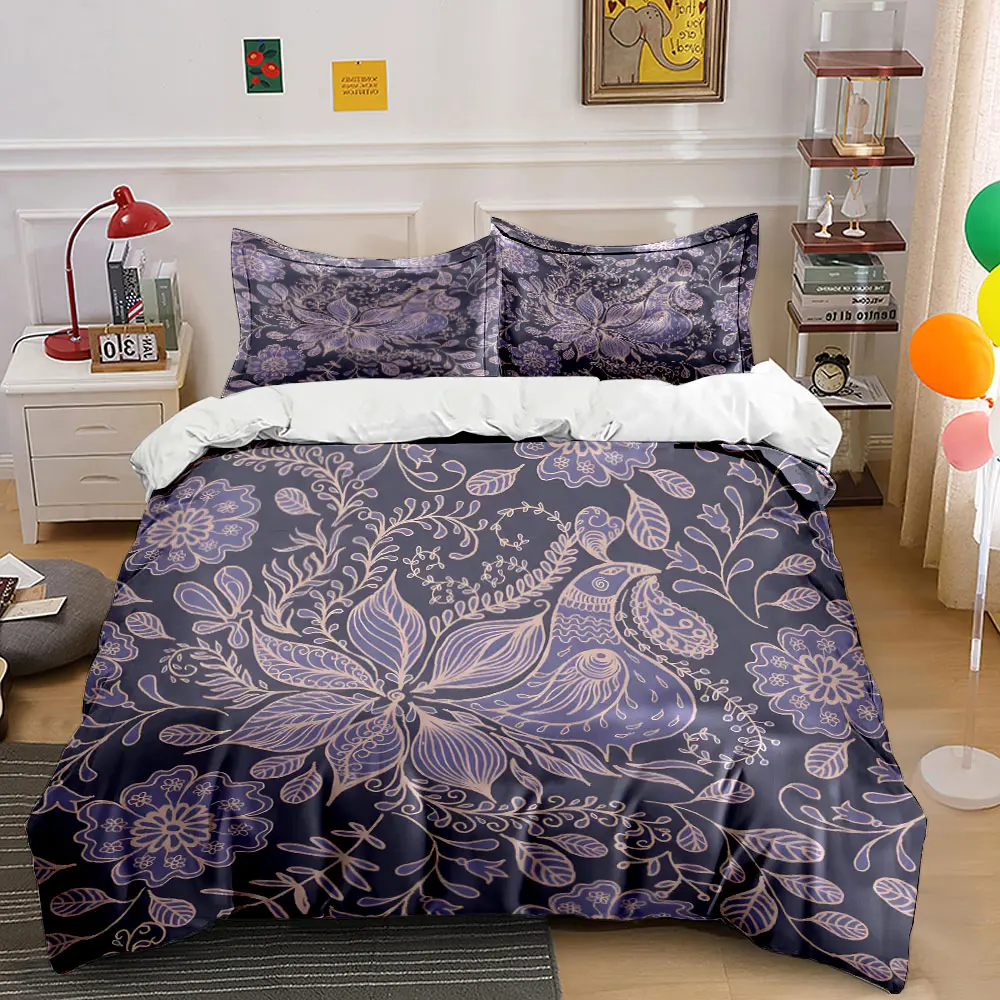 Intricate Hand-drawn Floral Bird Pattern Bedding Set for Kids Luxury Gift 3pcs Digital Print Comforter Set Soft Comfortable