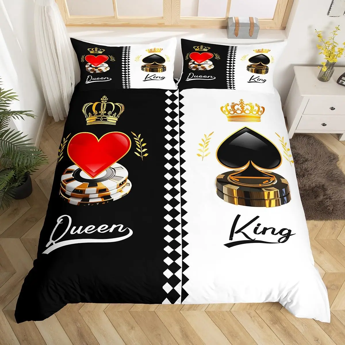 Valentine's Day Couple Duvet Cover King and Queen Crown Bedding Set for Husband Wife Red Black White His Hers Comforter Cover