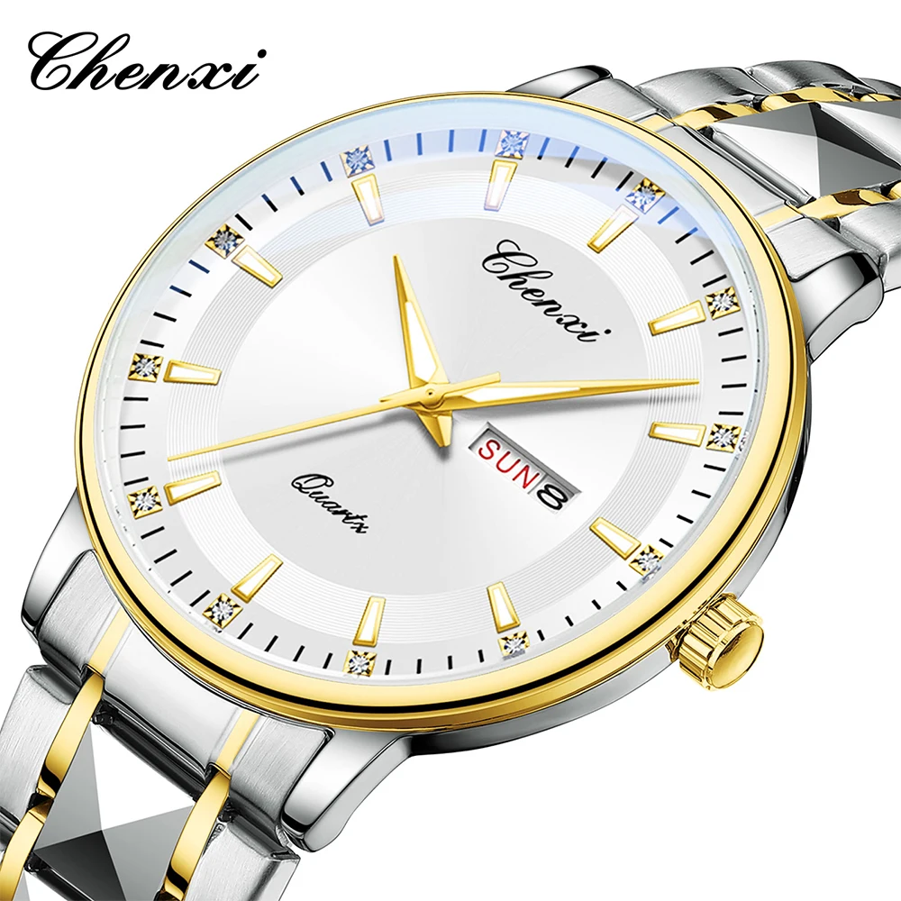 패션 비즈니스 남자 손목 시계 CHENXI 라운드 다이얼 달력 주 표시 쿼츠 시계 남자를위한 빛나는 방수 시계