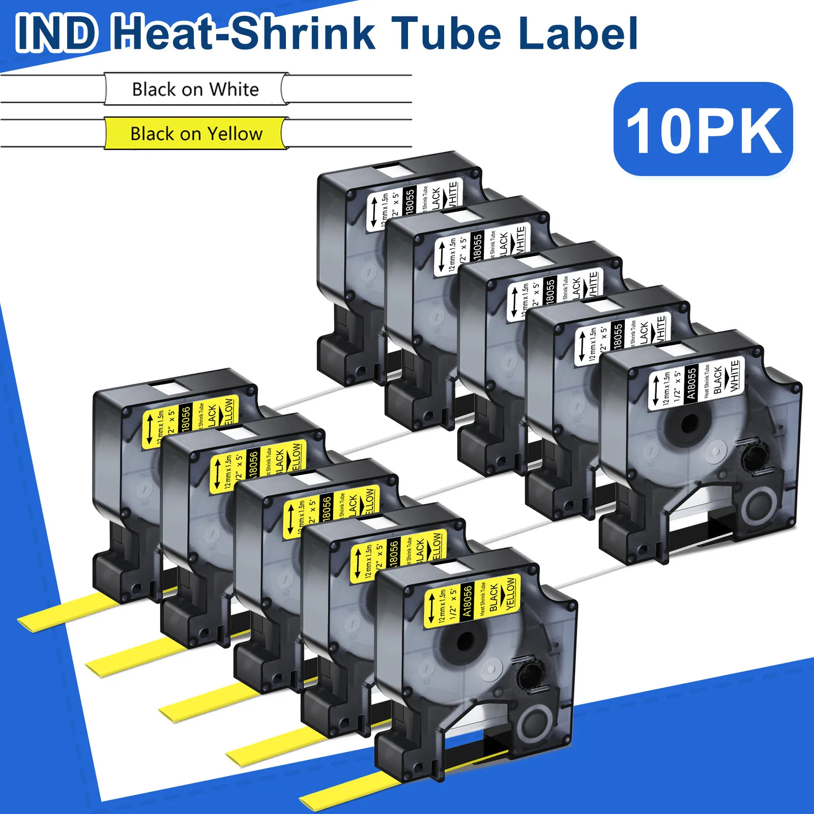 

3-10PK 18055 IND Heat-Shrink Tube Labels Compatible for DYMO A18052 A18053 6-24mm Industrial Label Tape For Dymo Rhino 4200 5200