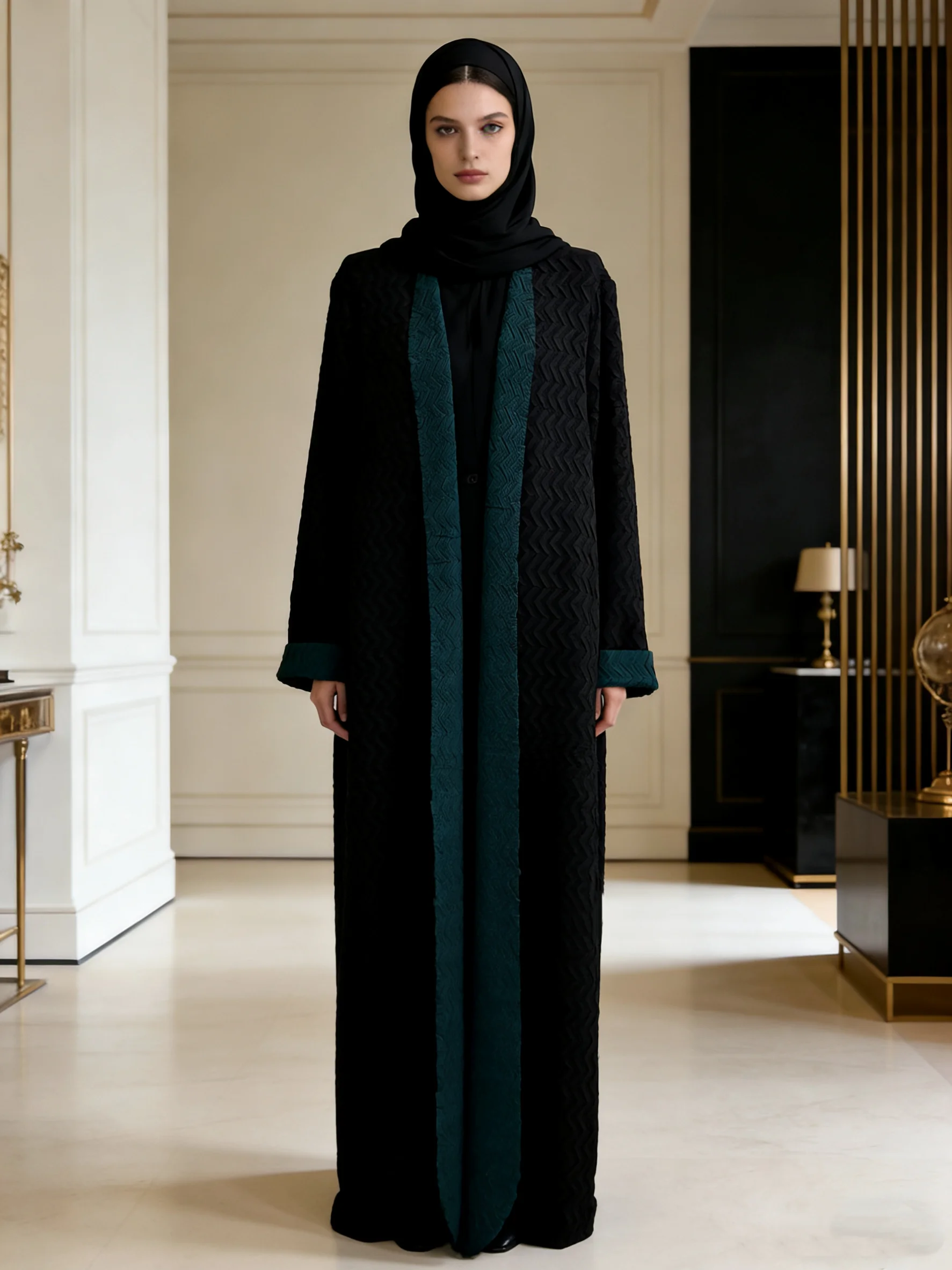 Dark Green Chevron Textured Contrast Panel Long Sleeve Maxi Abaya Luxurious Kaftan Dress Modest Elegant Trendy Ramadan Occasion