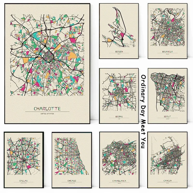 Póster de mapas coloridos de la ciudad de Moscú, pintura en lienzo, impresiones, arte de pared, imagen Vintage, decoración para sala de estar