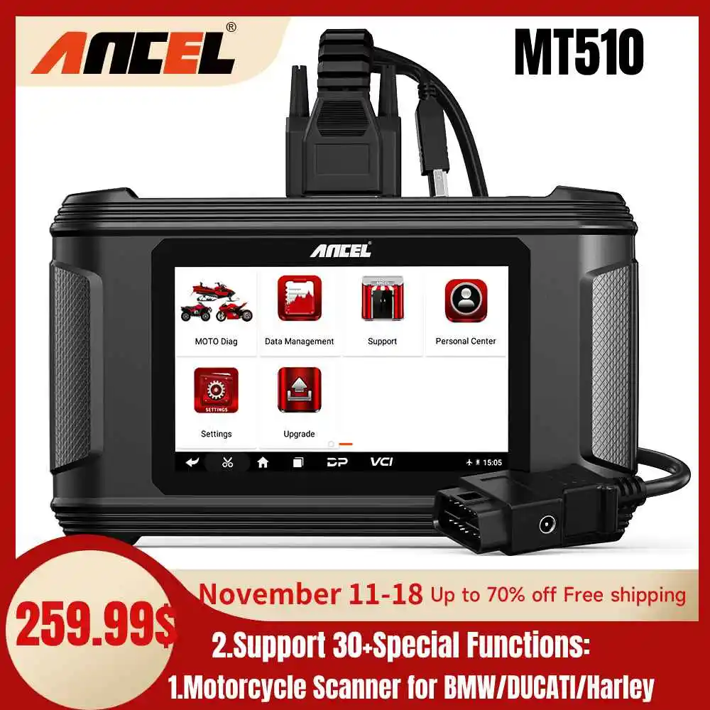 ANCEL MT510 Motorcycle Scanner All System for BMW/DUCATI/Harley Support 30+ Functions ECU Reset Motorcycle OBD2 Diagnostic Tool