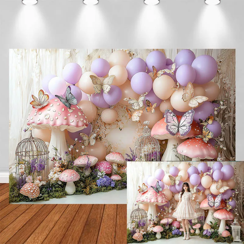 

LS Photography Background Archway Butter flies Balloons Mushrooms Birdcage Decor Birthday Kids Portrait Photo Backdrop Studio