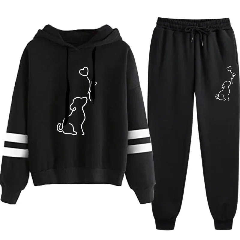 عرض ساخن لعام 2025 بدلة رياضية نسائية بقلنسوة سويت شيرت أسود Sweatpant ملابس رياضية عصرية غير رسمية على شكل لطيف طقم ركض بقلنسوة