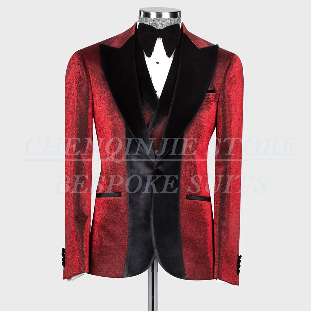 Luxury Velvet Men's Suits Red Velvet Jacket Vest With Black Pants Sets 3 Piece High Quality Single Breasted Peak Lapel Blazer