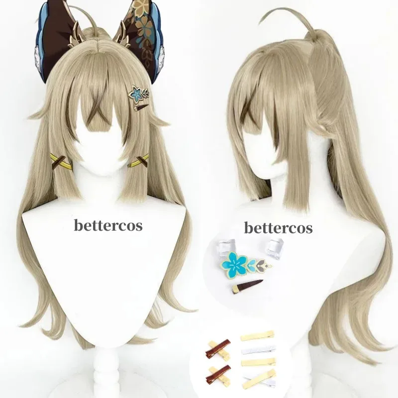 Peluca de Cosplay Kirara, peluca sintética resistente al calor de color marrón claro con cola de caballo, pelucas de Cosplay Kirara