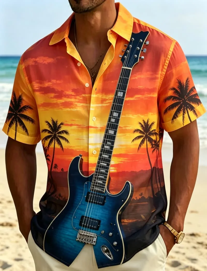 

Men's Tropical Sunset Music Printed Short Sleeved shirt, Suitable For Summer wear, Beach activities, And Versatile Island Style