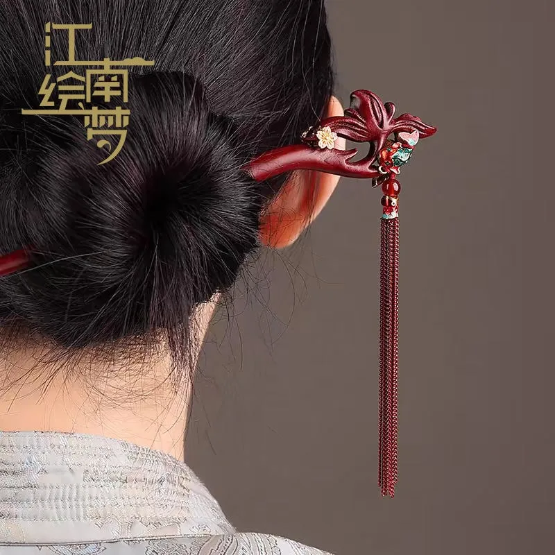 جديد النمط الصيني خشب الصندل المتدلي شرابة دبوس الشعر على الوجهين الأحمر زهرة اللوتس تصميم إكسسوار شعر أنيق للنساء #1