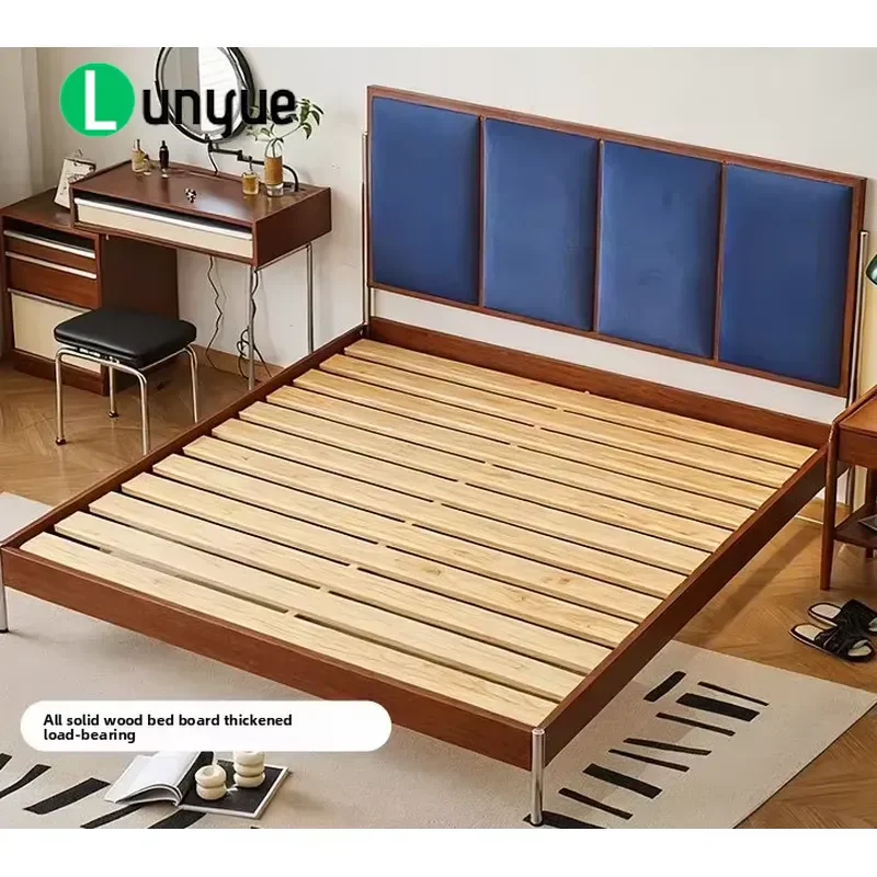 Vintage Solid Oak Double Bed Bauhaus Inspired Ultra Thin Upholstered Headboard French Medieval Style Bedroom Furniture