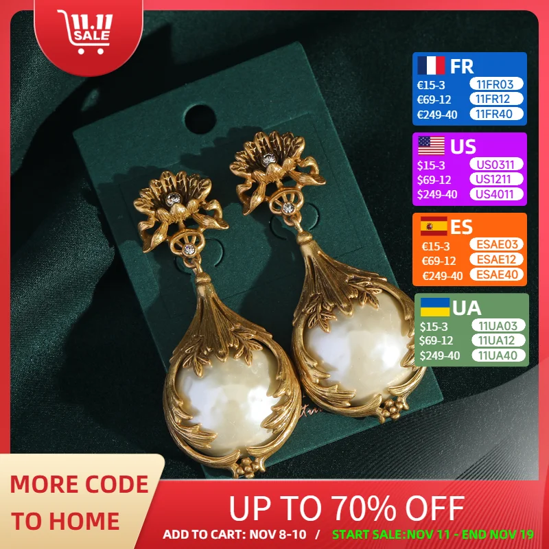 

Baroque Style Dangle Gold Color Rose Flower Pearl Earrings Drop Retro Outfits Water Pendant Vintage Fashion Jewelry For Women