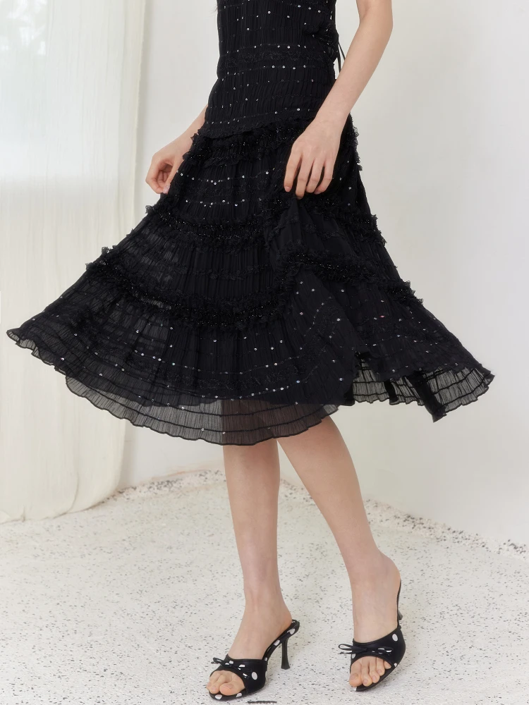 

SENSSELF Original Design Summer Bla Vintage iny Sequin Pleated Lace Splicing A-Line Skirt Casual Sle Midi Skirt
