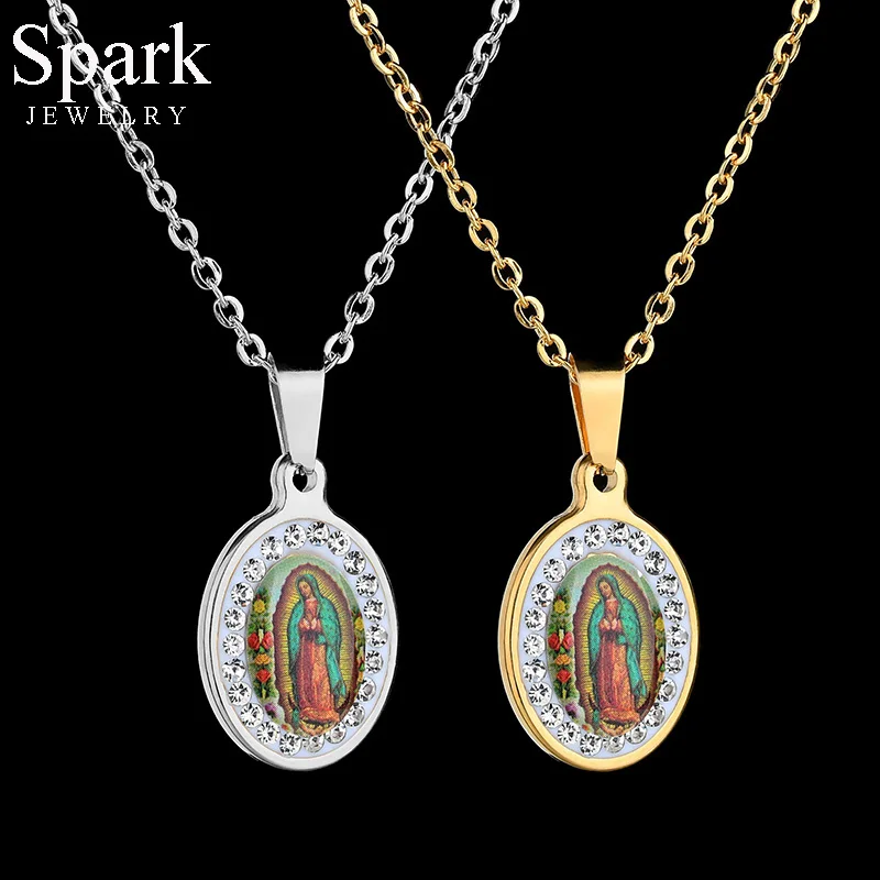 Spark Film Oval Virgin Virgin Mary Silence Drilling Necklace Gold Color Stainless Steel Chain Necklace For Women Jewelry Gift