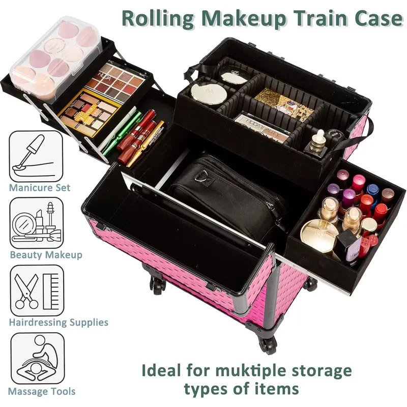 Rolling Train Makeup Case Cosmetology Case on Wheels Rose Red