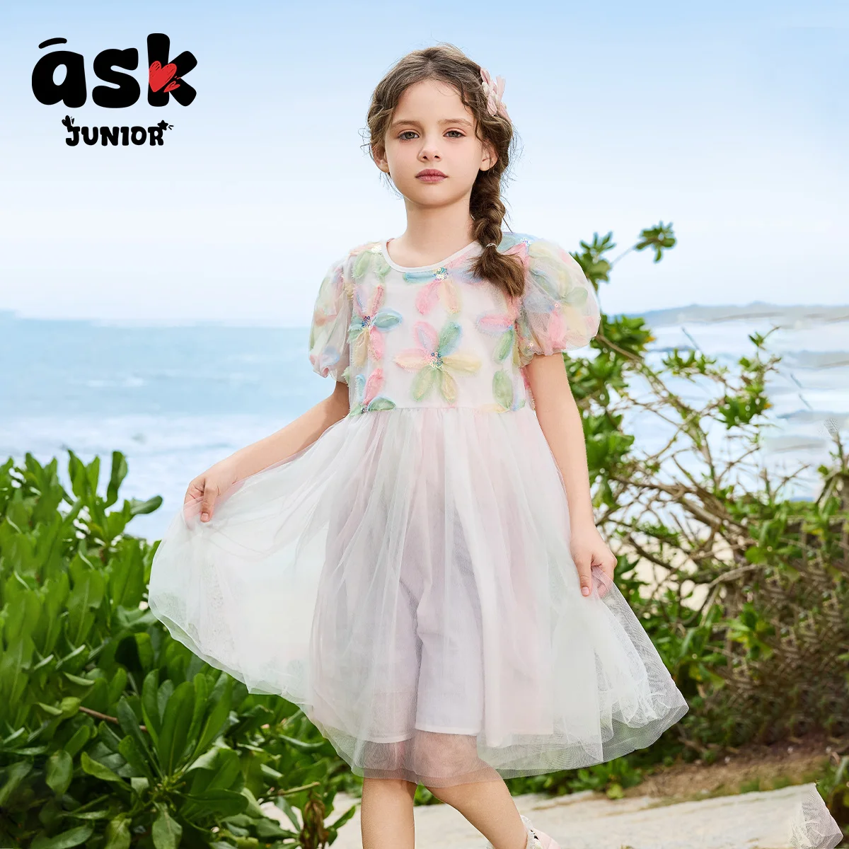 اسأل الفتيات الصغار فستان صيفي لون زهرة الأميرة شبكة اللباس فقاعة الأكمام طاقم الرقبة الأطفال عطلة اللباس الشاطئ #6