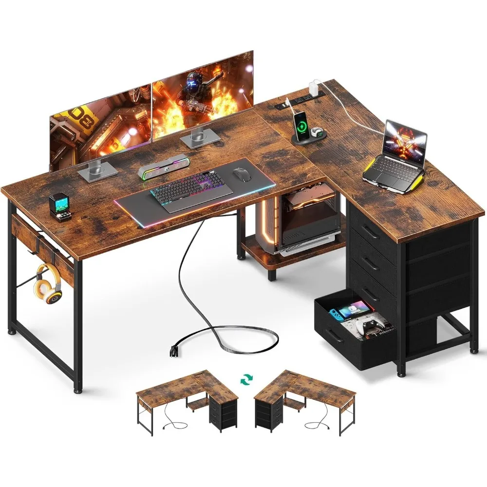 

L Shaped Desk with 4 Tier Drawers, 53" Reversible Gaming Desk with Power Outlets, with USB Charging Port and Host Stand