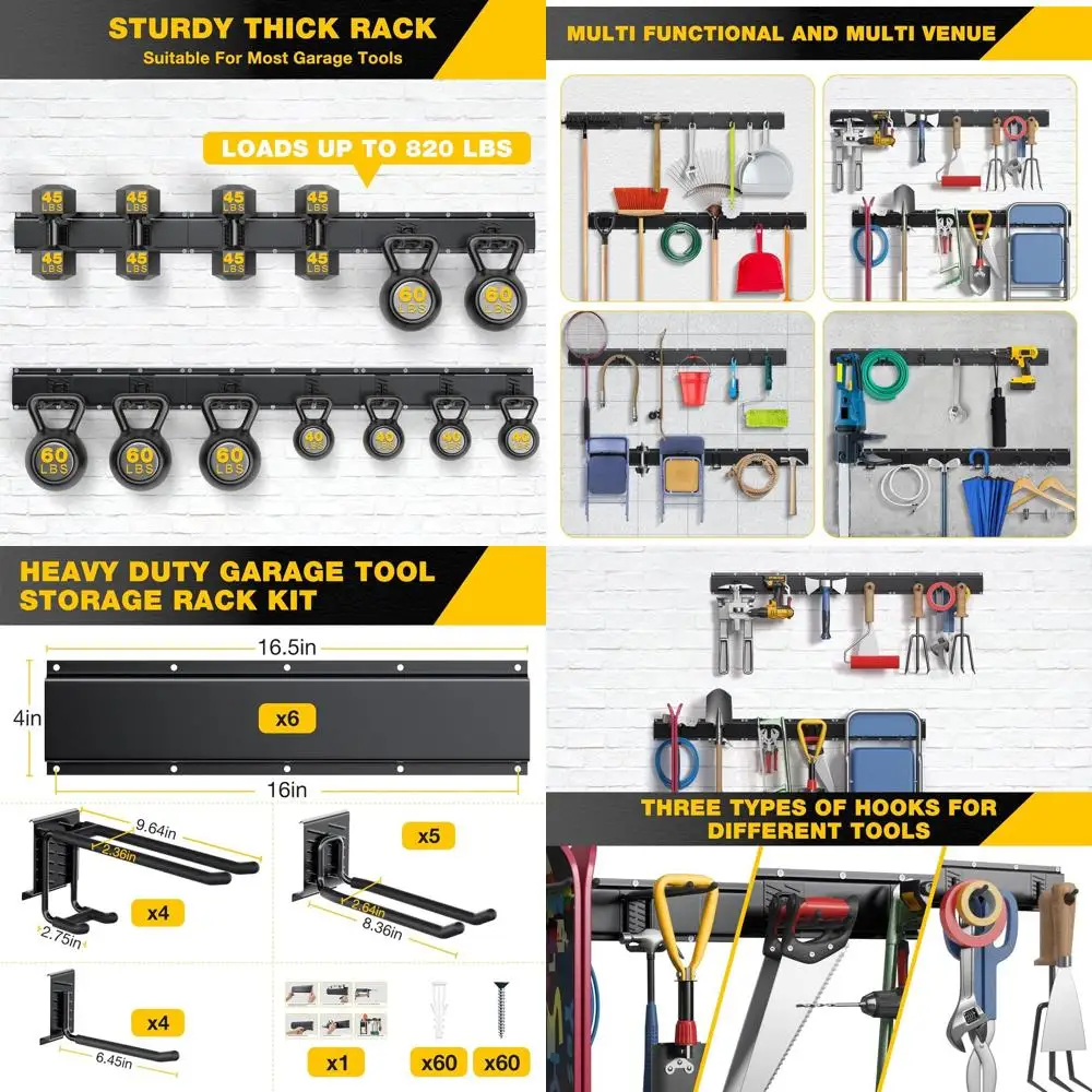 

96, сверхмощный настенный органайзер для гаражных инструментов с 13 крючками, вмещает 820 фунтов, простая установка для хранения в дворах и навесе.