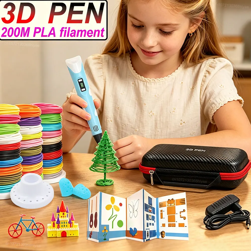 New Children's 3D Pen with LCD Display Power Adapter Travel Case Colored PLA Filament Christmas Birthday DIY Gift for Boys Girls