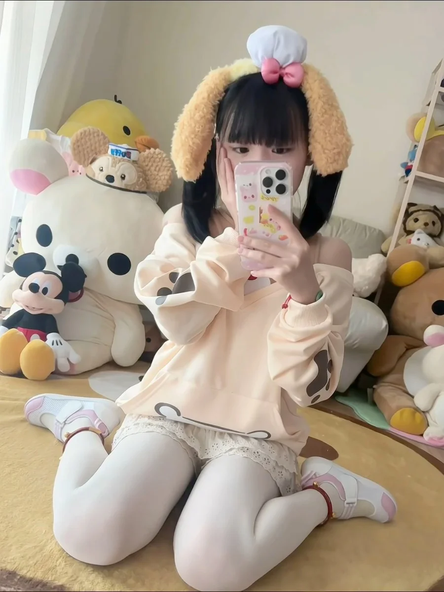 2025 Spring and Autumn Japanese Style Soft Girl Cute Off-Shoulder Fake Two-Piece Sweatshirt Yellow Loose Long Sleeve Pocket Top