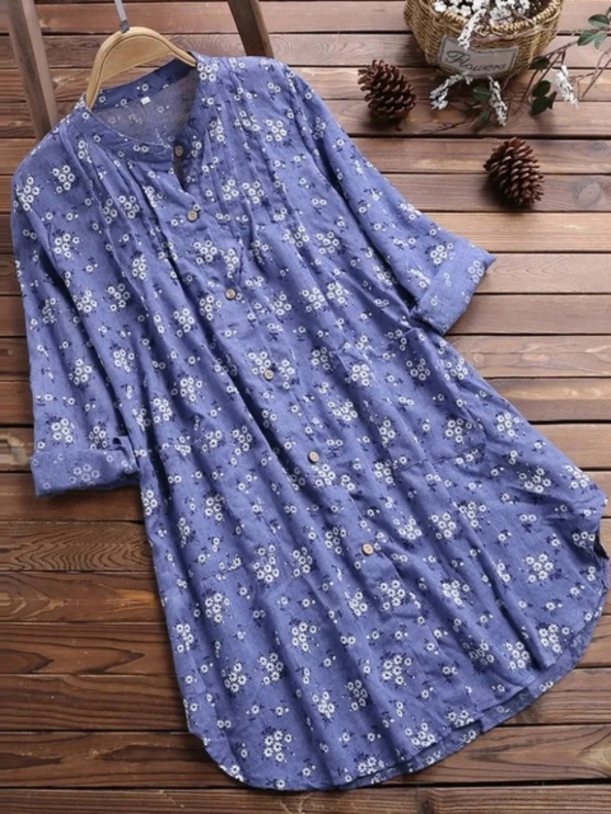 

Women's Long Sve irt Summer Cotton Blend Blouse High Waist Button up Floral Print Breathable Comfortable mid Length Dr