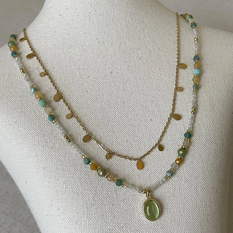Minar Bohemia 2 Styles Mix Color Glass Beads Green Opal Oval Coin Pendant Necklaces for Women Gold Plated Chain Tassel Chokers