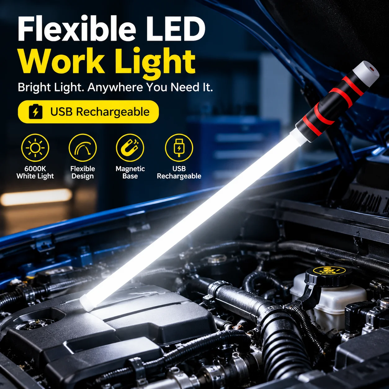 USB Rechargeable Flexible LED Work Light - Bendable Slim Inspection Lamp for Car Engine Maintenance and Auto Repair