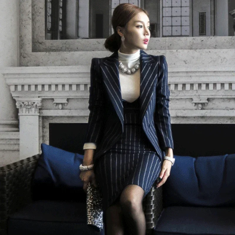 Blue Striped Dress Suits Woman 2 Piece Sets Elegant OL Blazer Jacket and Skirts Korean Fashion Sheath Dresses Set Femme Business