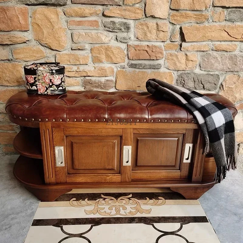 Y American all-solid wood shoe change stool can sit at the door, shoe cabinet European multi-functional storage stool leather