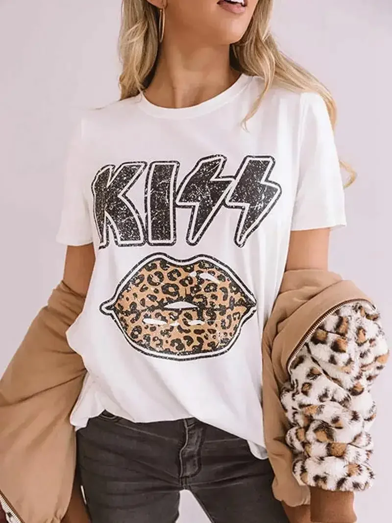 Kiss Leopard Print Lips Design T Shirt Female Summer Fashion Clothes Street Breathable   Short Sleeve Casual  T-Shirts Women