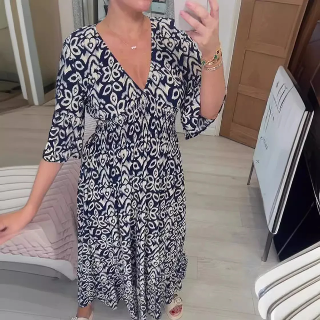 Sexy feminino decote em v meia manga borboleta floral impressão maxi vestido longo verão feminino túnica solta festa de férias vestido estilo praia