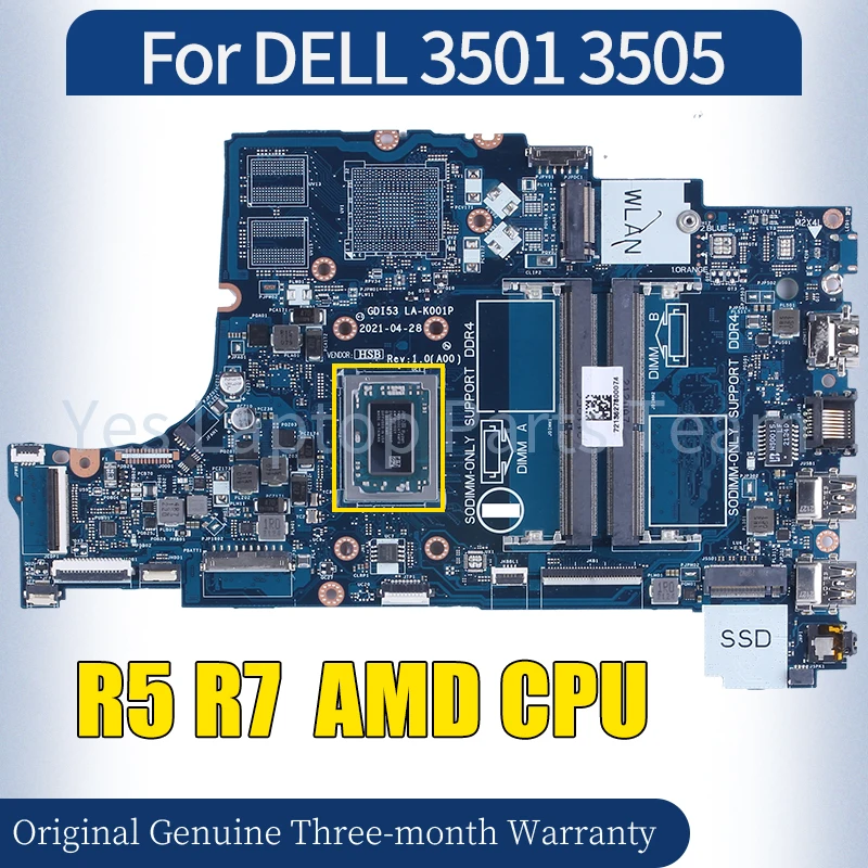 Gdi53 LA-K001P para dell 3501 3505 portátil mainboard 05hpx6 0drfwy amd cpu r5 r7 100% testado notebook placa-mãe